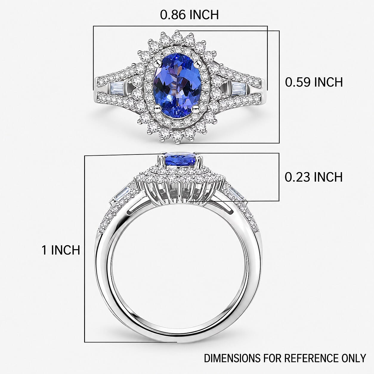 D'Joy Premium Tanzanite and Moissanite 1.50 ctw Starburst Sparkle Halo Ring in Rhodium Over Sterling Silver (Size 5.0)