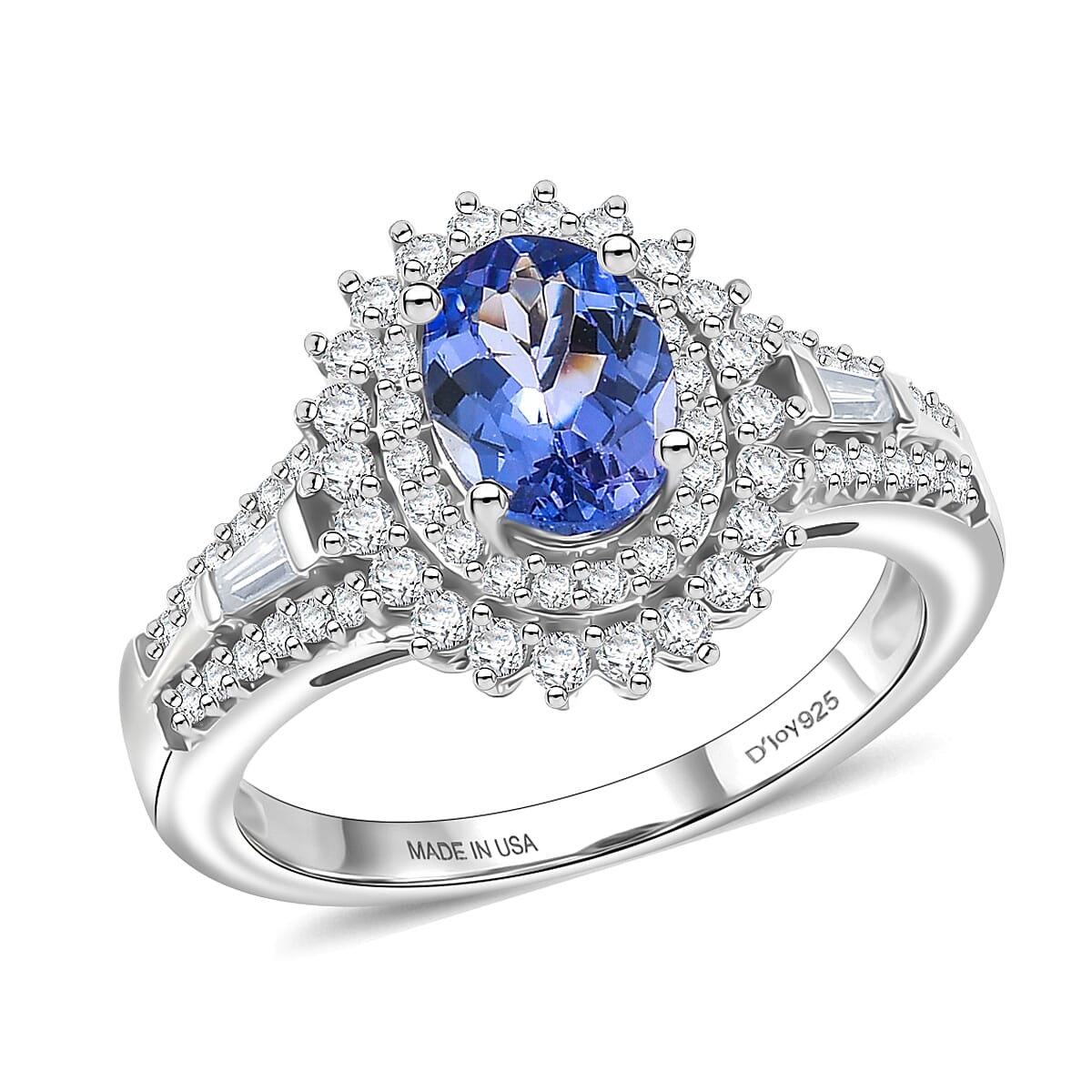 D'Joy Premium Tanzanite and Moissanite 1.50 ctw Starburst Sparkle Halo Ring in Rhodium Over Sterling Silver (Size 7.0)