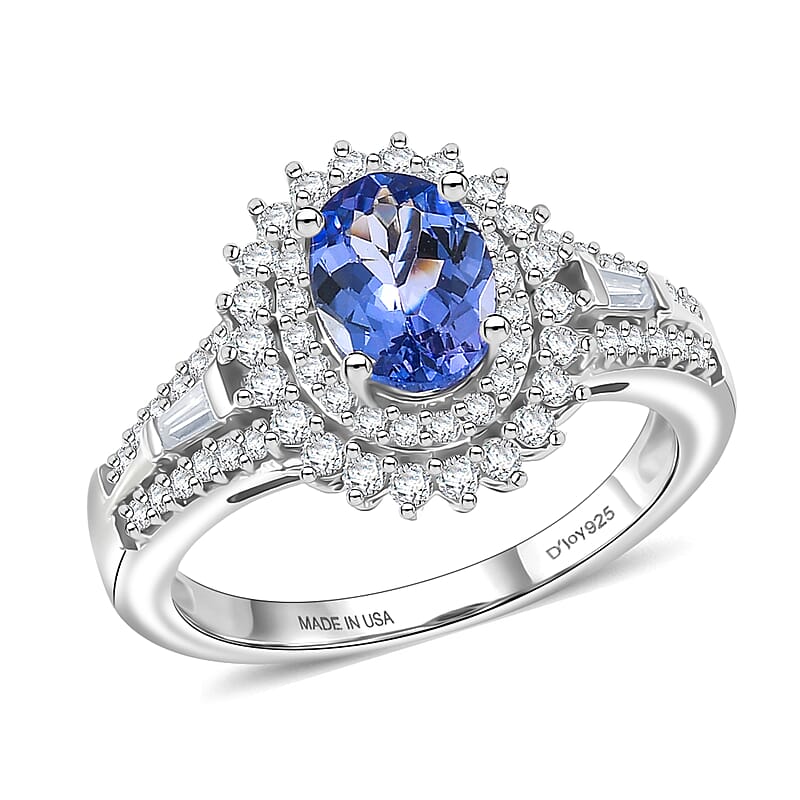 D'Joy Premium Tanzanite and Moissanite 1.50 ctw Starburst Sparkle Halo Ring in Rhodium Over Sterling Silver (Size 7.0)