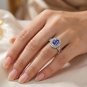 D'Joy Premium Tanzanite and Moissanite 1.50 ctw Ring in Rhodium Over Sterling Silver (Size 7.0)