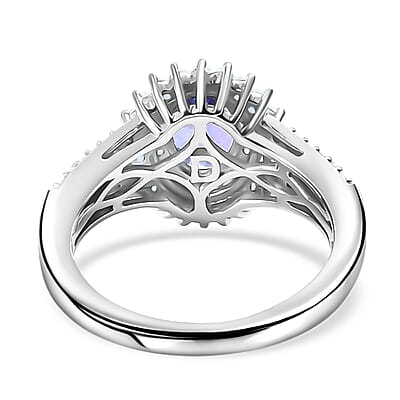 D'Joy Premium Tanzanite and Moissanite 1.50 ctw Starburst Sparkle Halo Ring in Rhodium Over Sterling Silver (Size 7.0)