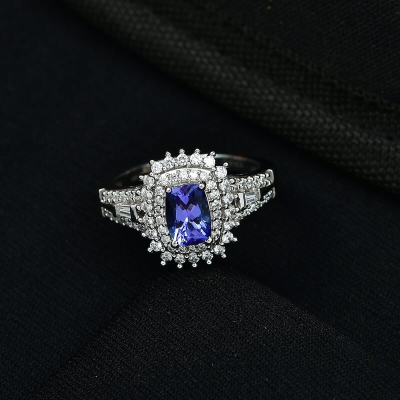 D'Joy Premium Tanzanite and Moissanite 1.40 ctw Starburst Sparkle Halo Ring in Rhodium Over Sterling Silver (Size 10.0)