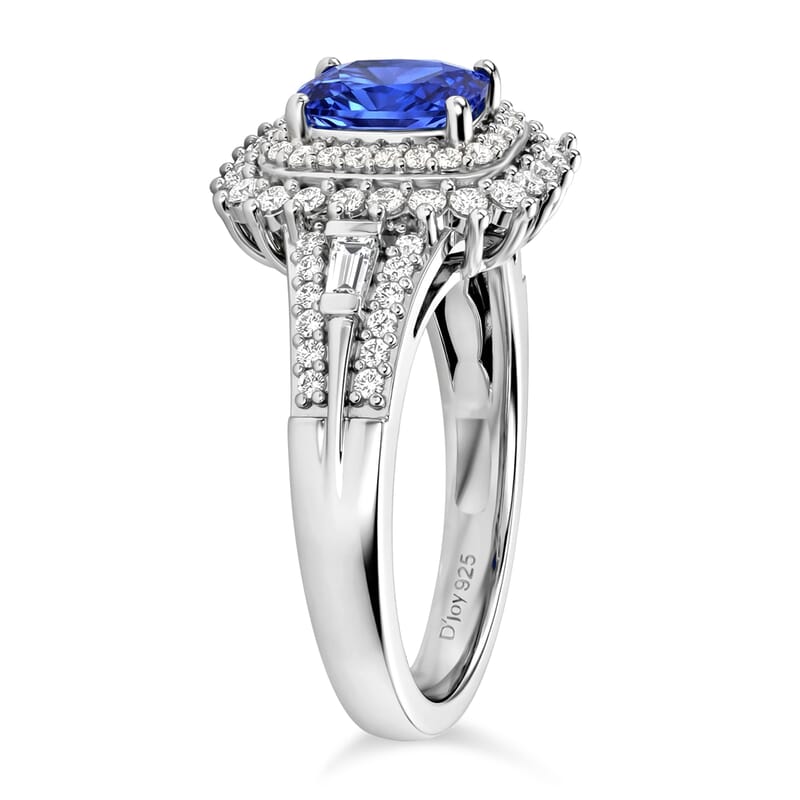 D'Joy Premium Tanzanite and Moissanite 1.40 ctw Starburst Sparkle Halo Ring in Rhodium Over Sterling Silver (Size 5.0)