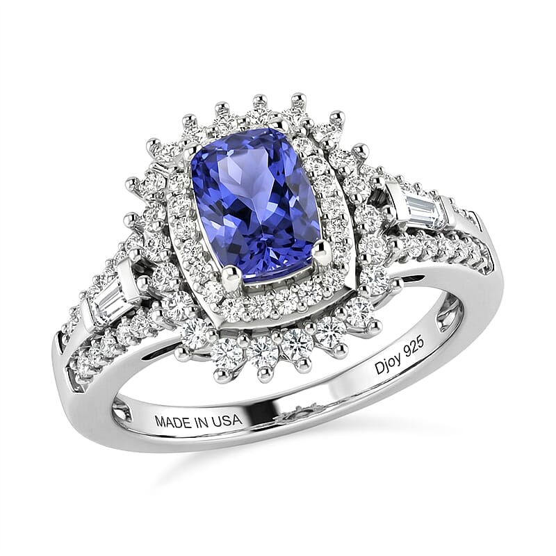 D'Joy Premium Tanzanite and Moissanite 1.40 ctw Starburst Sparkle Halo Ring in Rhodium Over Sterling Silver (Size 7.0)