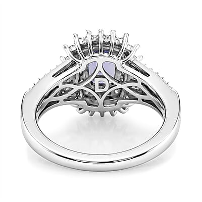 D'Joy Premium Tanzanite and Moissanite 1.40 ctw Starburst Sparkle Halo Ring in Rhodium Over Sterling Silver (Size 7.0)