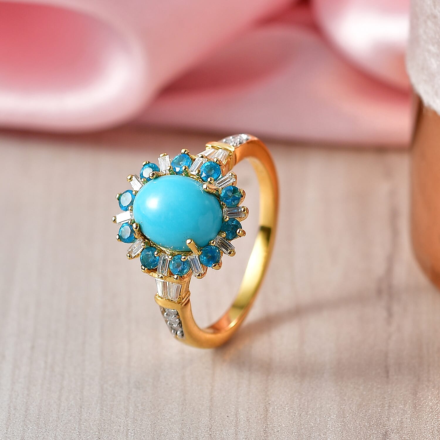 D'Joy Sleeping Beauty Turquoise and Multi Gemstone 2.50 ctw Golden Sky Blossom Ring in 18K Vermeil YG Over Sterling Silver (Size 10.0)