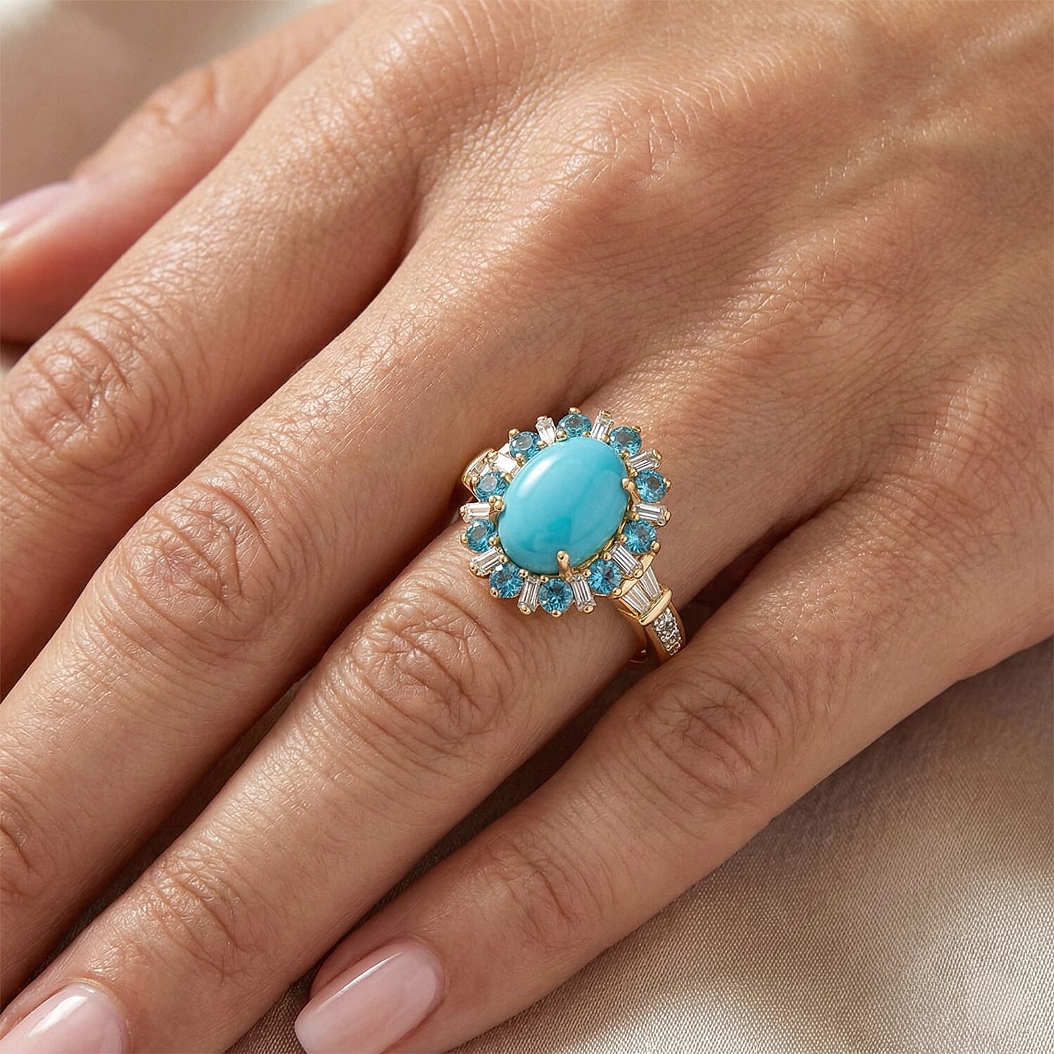 D'Joy Sleeping Beauty Turquoise and Multi Gemstone 2.50 ctw Golden Sky Blossom Ring in 18K Vermeil YG Over Sterling Silver (Size 10.0)