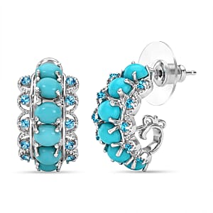 D'Joy Premium Sleeping Beauty Turquoise and Malgache Neon Apatite 4.50 ctw Skyline Drop Hoop Earrings in Rhodium Over Sterling Silver