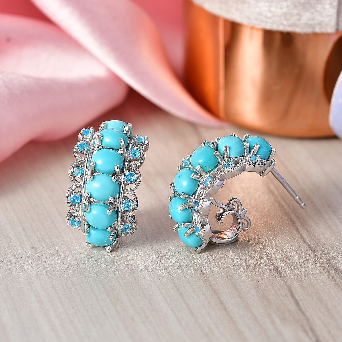D'Joy Premium Sleeping Beauty Turquoise and Malgache Neon Apatite 4.50 ctw Skyline Drop Hoop Earrings in Rhodium Over Sterling Silver image number 1