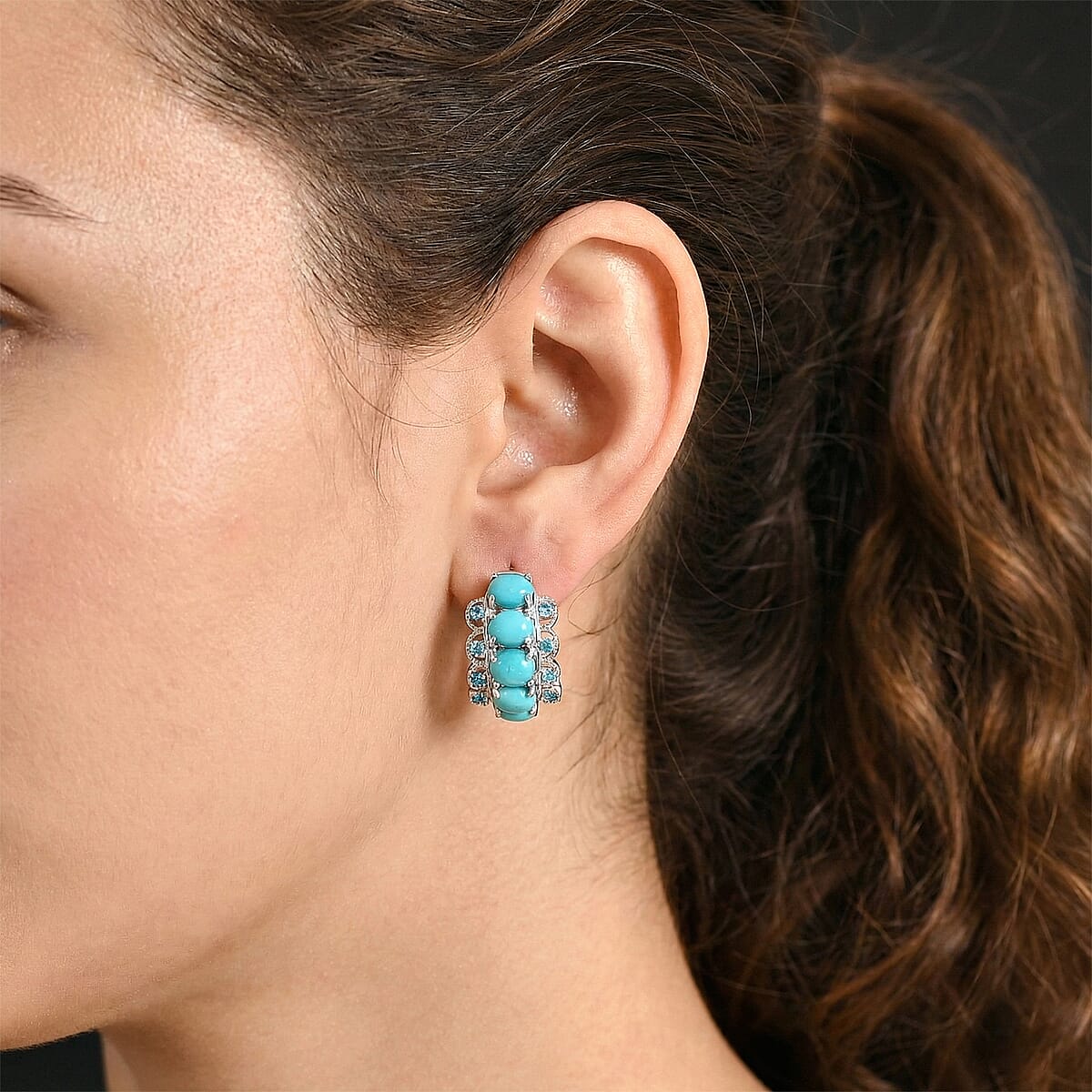 D'Joy Premium Sleeping Beauty Turquoise and Malgache Neon Apatite 4.50 ctw Skyline Drop Hoop Earrings in Rhodium Over Sterling Silver image number 2