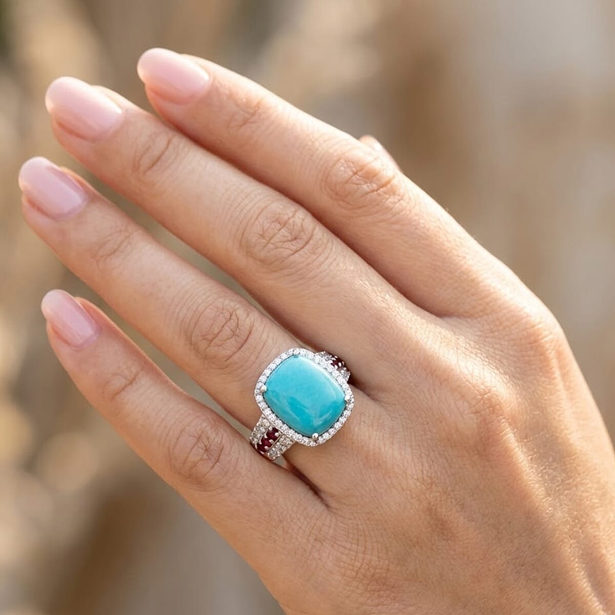 D'Joy Premium Sleeping Beauty Turquoise and Multi Gemstone 6.00 ctw Ring in Rhodium Over Sterling Silver (Size 10.0) image number 2