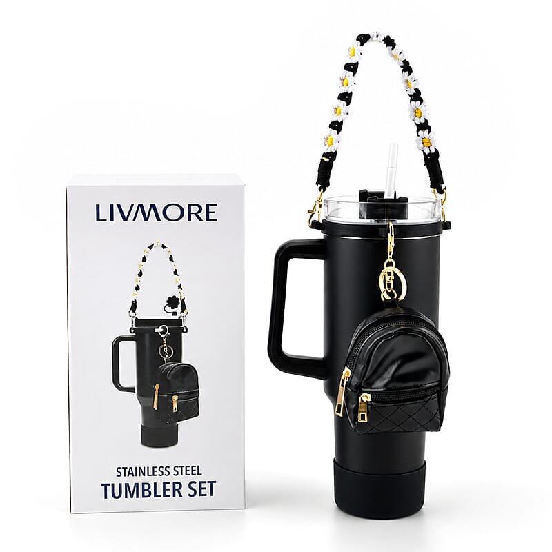 Livmore Black Stainless Steel Tumbler with Straw and Small Bag