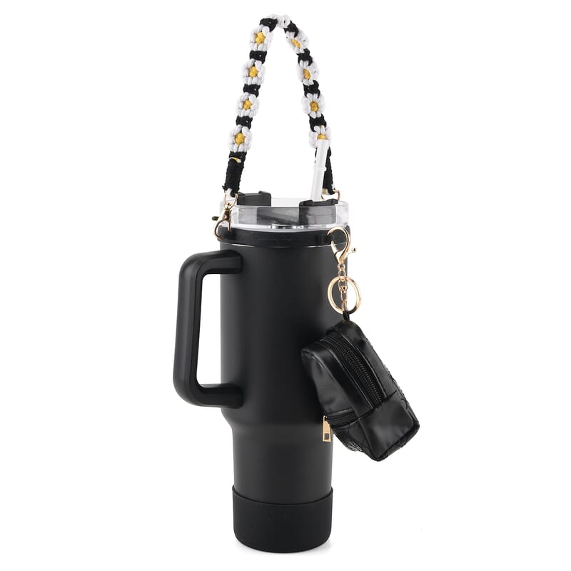 Livmore Black Stainless Steel Tumbler with Straw and Small Bag