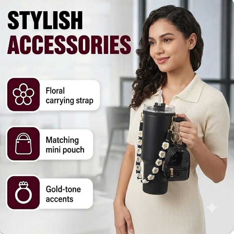 Livmore Black Stainless Steel Tumbler with Straw and Small Bag