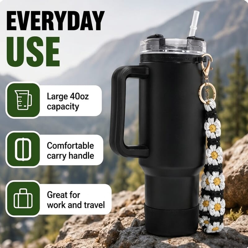 Livmore Black Stainless Steel Tumbler with Straw and Small Bag