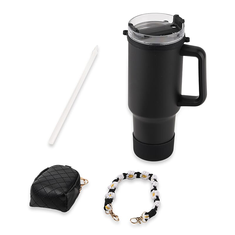 Livmore Black Stainless Steel Tumbler with Straw and Small Bag