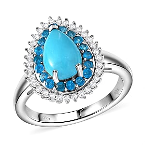 D'Joy Premium Sleeping Beauty Turquoise and Multi Gemstone 1.80 ctw Skyfall Radiance Ring in Rhodium Over Sterling Silver (Size 10.0) (Del. in 8-10 Days)