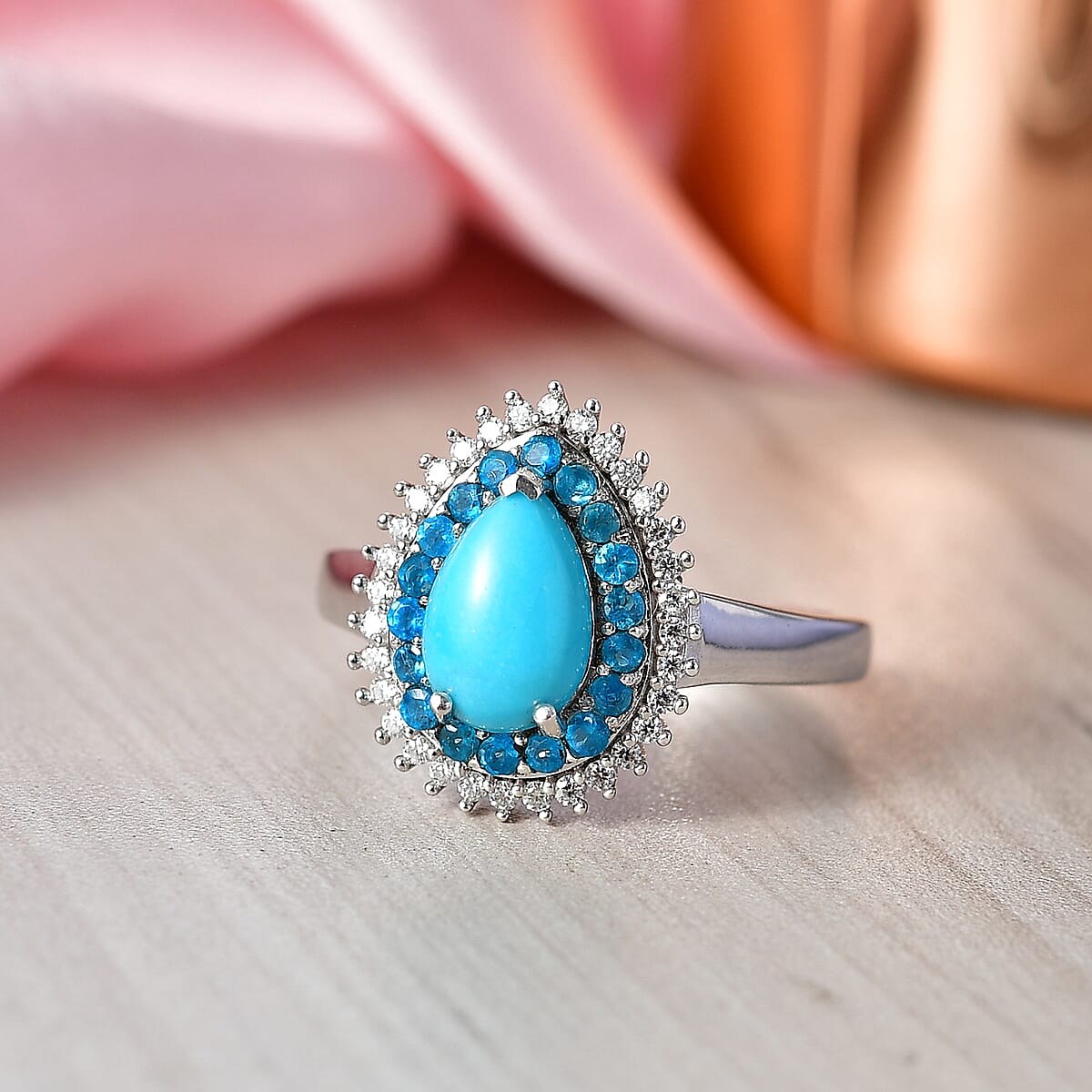 D'Joy Premium Sleeping Beauty Turquoise and Multi Gemstone 1.80 ctw Skyfall Radiance Ring in Rhodium Over Sterling Silver (Size 10.0) (Del. in 8-10 Days) image number 1