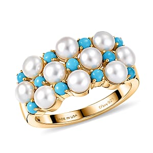 D'Joy Sleeping Beauty Turquoise 0.50 ctw and Freshwater Pearl Ring in 18K Vermeil Yellow Gold Over Sterling Silver (Size 10.0) (Del. in 8-10 Days)