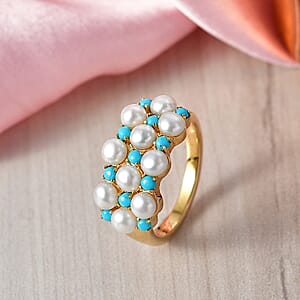 D'Joy Sleeping Beauty Turquoise 0.50 ctw and Freshwater Pearl Ring in 18K Vermeil Yellow Gold Over Sterling Silver (Size 10.0) (Del. in 8-10 Days)