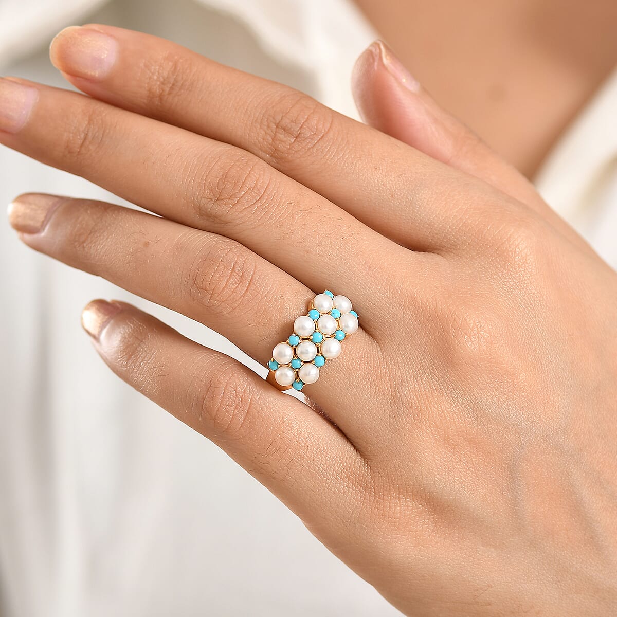 D'Joy Sleeping Beauty Turquoise, Freshwater Pearl Ring in 18K Vermeil YG Over Sterling Silver (Size 10.0) 0.50 ctw image number 2