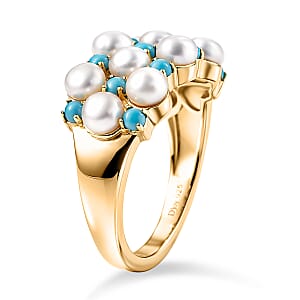D'Joy Sleeping Beauty Turquoise 0.50 ctw and Freshwater Pearl Ring in 18K Vermeil Yellow Gold Over Sterling Silver (Size 5.0) (Del. in 8-10 Days)