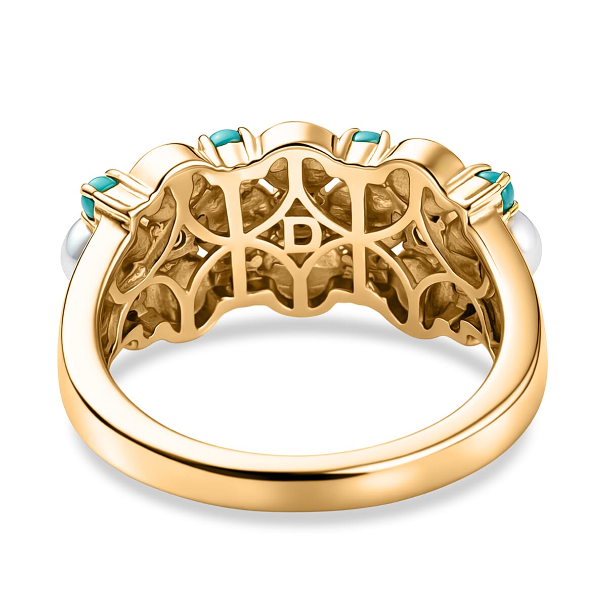 D'Joy Sleeping Beauty Turquoise 0.50 ctw and Freshwater Pearl Ring in 18K Vermeil Yellow Gold Over Sterling Silver (Size 5.0)