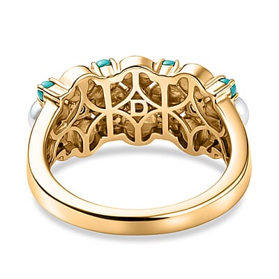 D'Joy Sleeping Beauty Turquoise 0.50 ctw and Freshwater Pearl Ring in 18K Vermeil Yellow Gold Over Sterling Silver (Size 5.0)