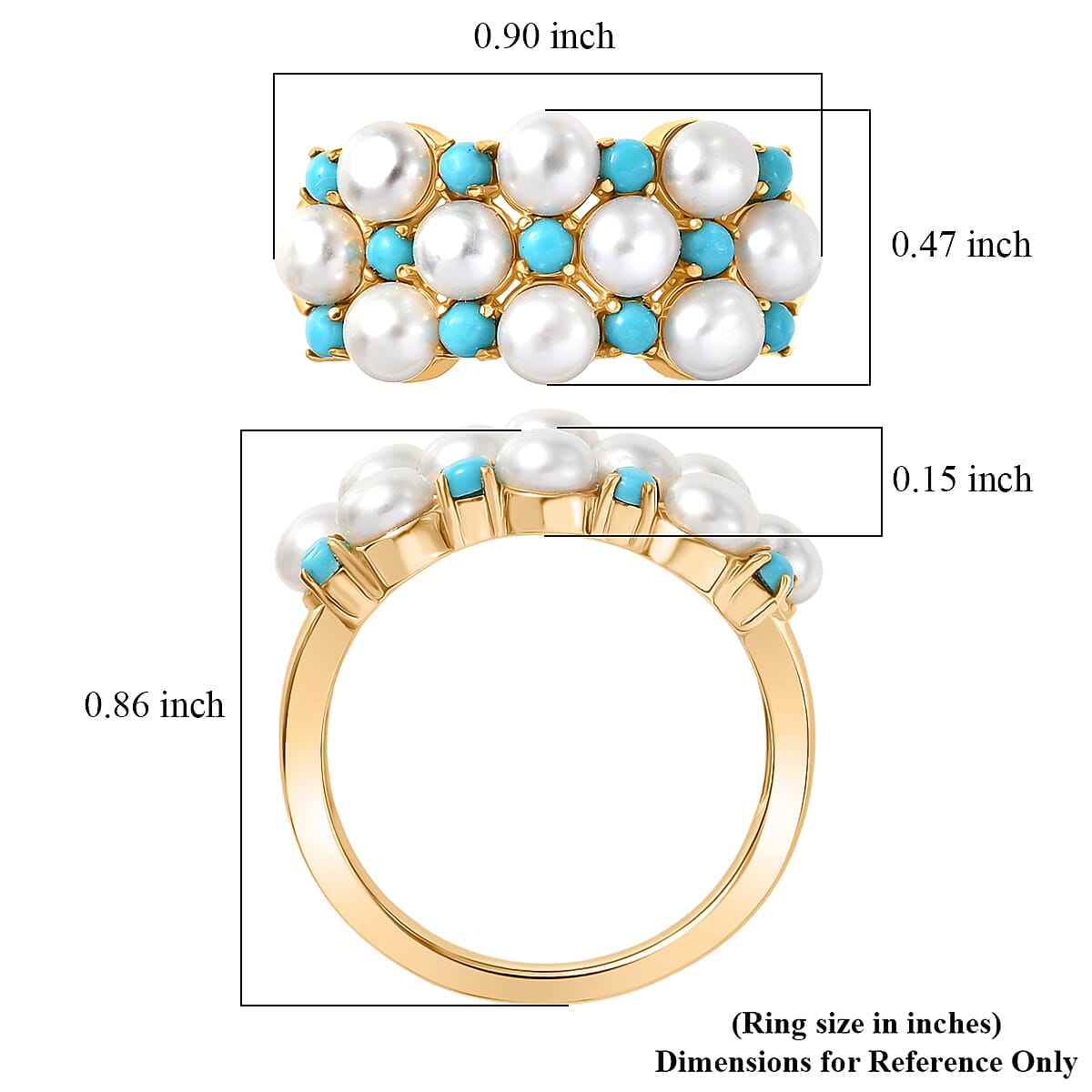 D'Joy Sleeping Beauty Turquoise 0.50 ctw and Freshwater Pearl Ring in 18K Vermeil Yellow Gold Over Sterling Silver (Size 5.0)