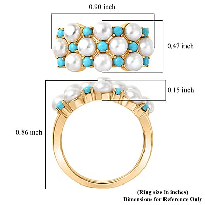 D'Joy Sleeping Beauty Turquoise 0.50 ctw and Freshwater Pearl Ring in 18K Vermeil Yellow Gold Over Sterling Silver (Size 5.0)