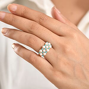 D'Joy Sleeping Beauty Turquoise 0.50 ctw and Freshwater Pearl Ring in 18K Vermeil Yellow Gold Over Sterling Silver (Size 6.0)