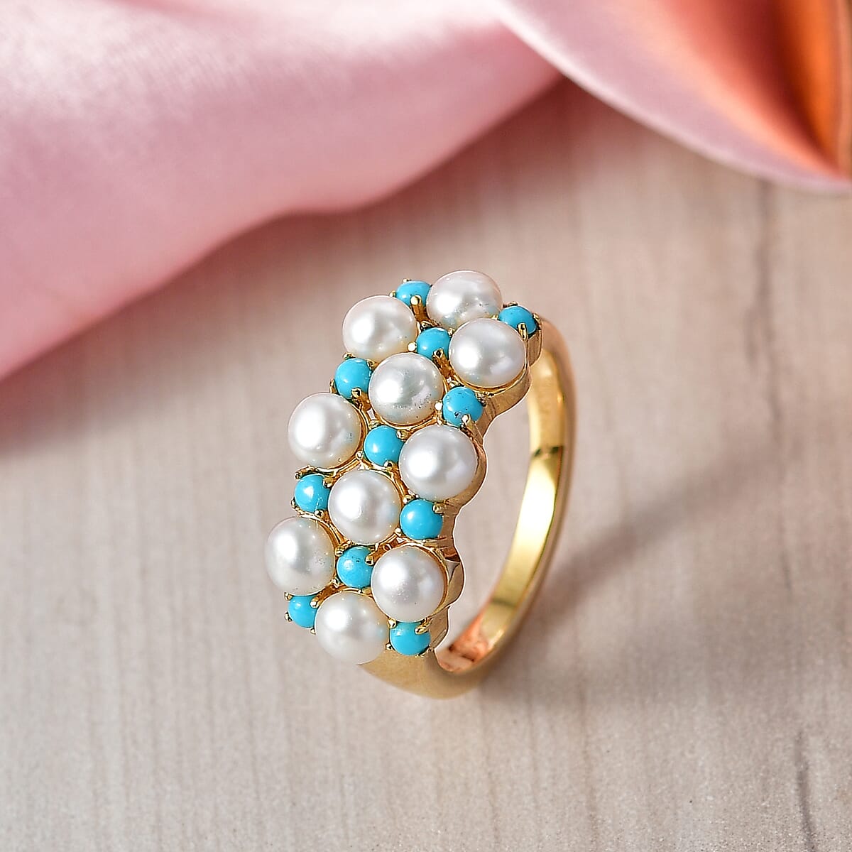D'Joy Sleeping Beauty Turquoise 0.50 ctw and Freshwater Pearl Ring in 18K Vermeil Yellow Gold Over Sterling Silver (Size 7.0) image number 1