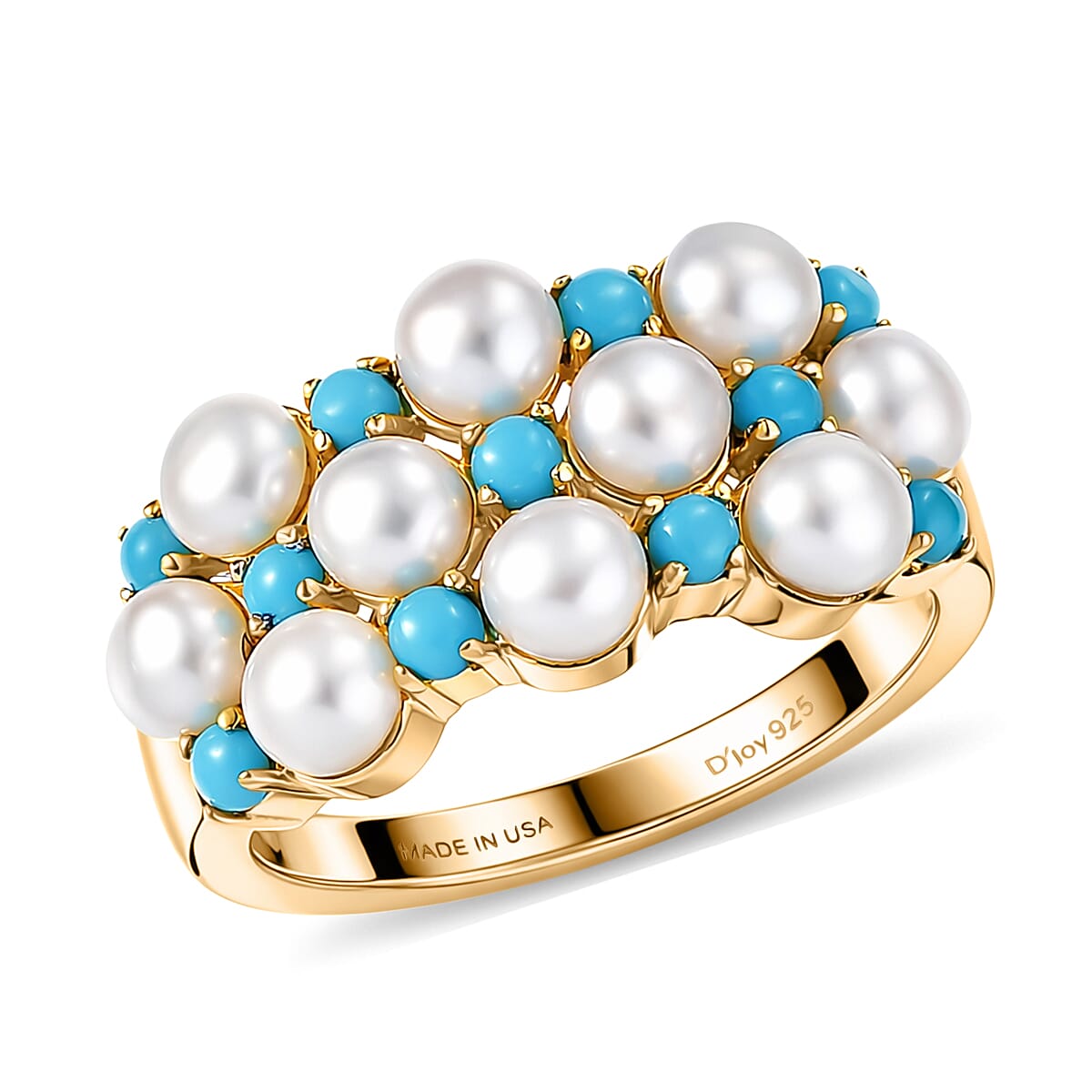 D'Joy Sleeping Beauty Turquoise, Freshwater Pearl Ring in 18K Vermeil YG Over Sterling Silver (Size 10.0) 0.50 ctw