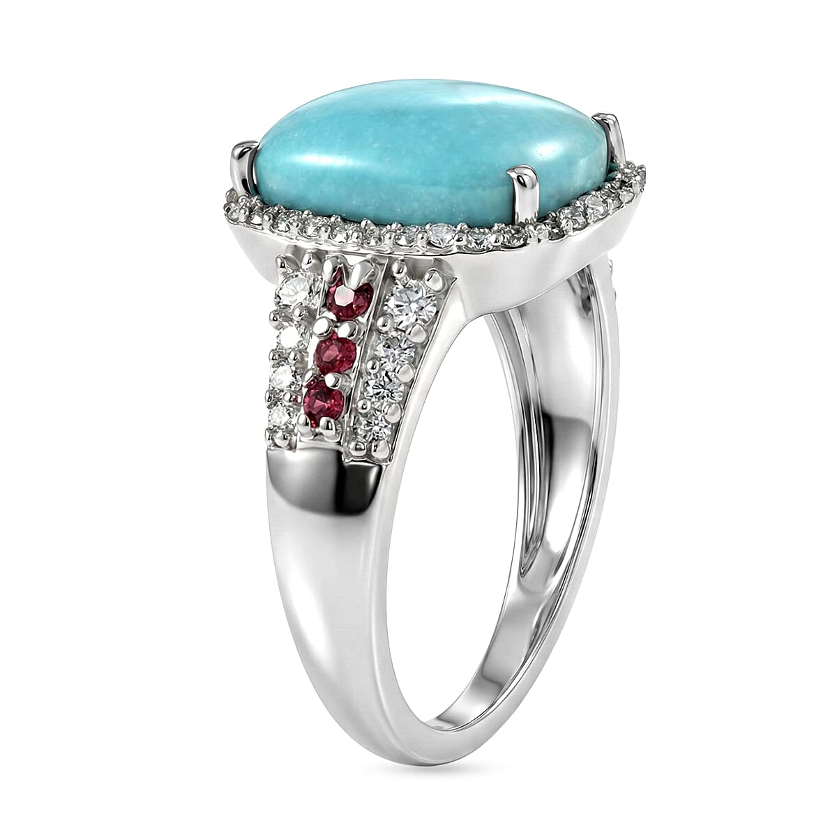 D'Joy Premium Sleeping Beauty Turquoise and Multi Gemstone 6.00 ctw Sky Crown Halo Ring in Rhodium Over Sterling Silver (Size 6.0) image number 3