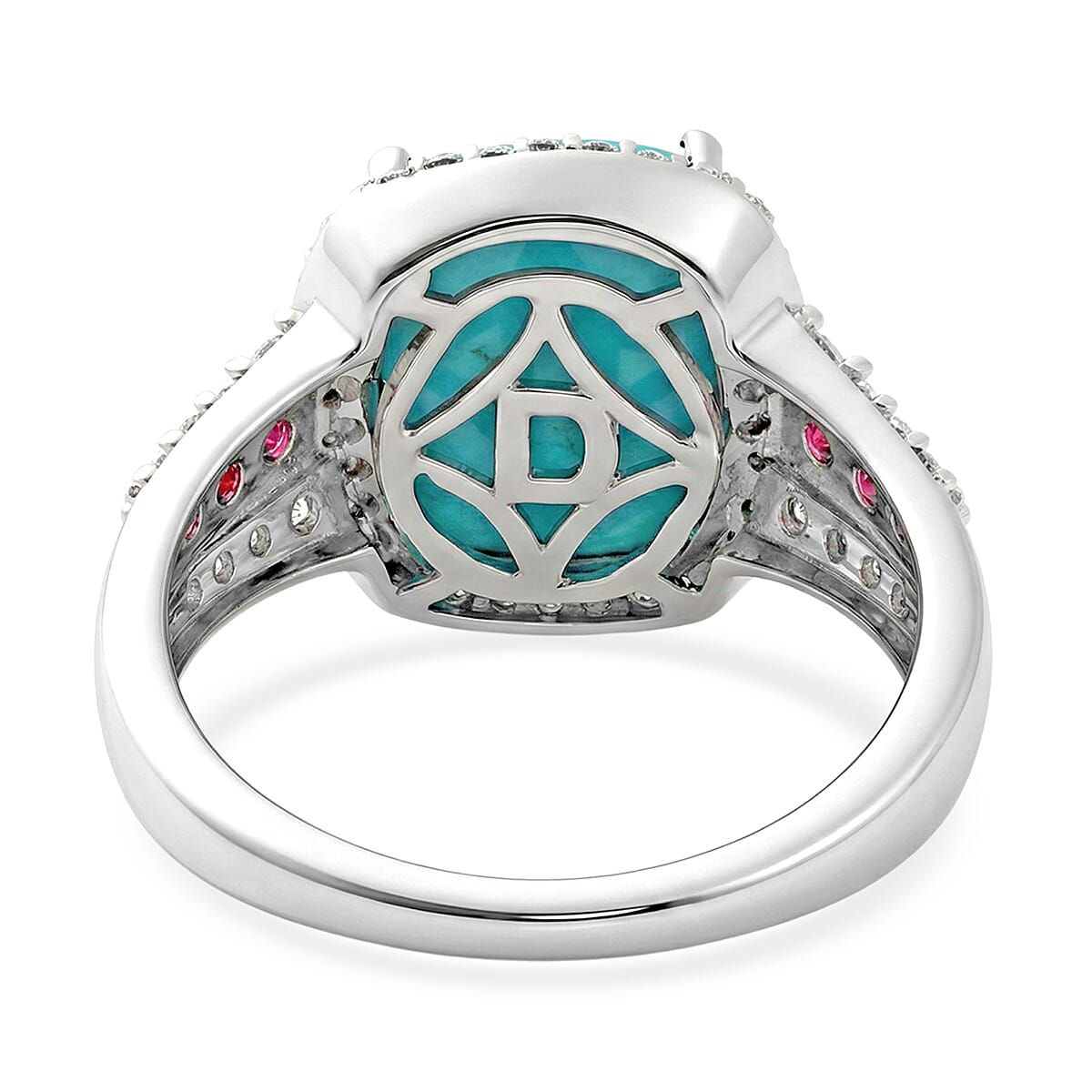 D'Joy Premium Sleeping Beauty Turquoise and Multi Gemstone 6.00 ctw Sky Crown Halo Ring in Rhodium Over Sterling Silver (Size 6.0) image number 4