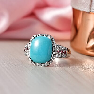 D'Joy Premium Sleeping Beauty Turquoise and Multi Gemstone 6.00 ctw Sky Crown Halo Ring in Rhodium Over Sterling Silver (Size 7.0)