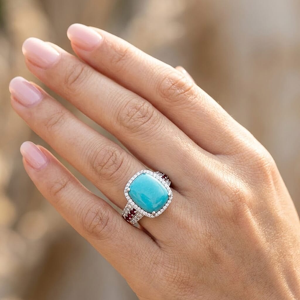 D'Joy Premium Sleeping Beauty Turquoise and Multi Gemstone 6.00 ctw Sky Crown Halo Ring in Rhodium Over Sterling Silver (Size 7.0)