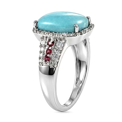 D'Joy Premium Sleeping Beauty Turquoise and Multi Gemstone 6.00 ctw Sky Crown Halo Ring in Rhodium Over Sterling Silver (Size 7.0)