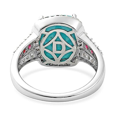 D'Joy Premium Sleeping Beauty Turquoise and Multi Gemstone 6.00 ctw Sky Crown Halo Ring in Rhodium Over Sterling Silver (Size 7.0)