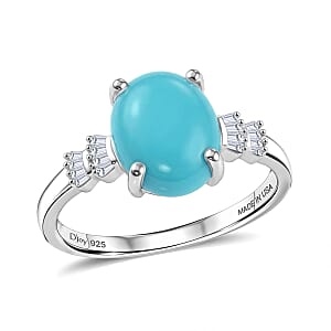 D'Joy AAA Sleeping Beauty Turquoise and Diamond 2.50 ctw Ballerina Ring in Rhodium Over Sterling Silver (Size 8.0)