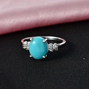 D'Joy AAA Sleeping Beauty Turquoise and Diamond 2.50 ctw Ballerina Ring in Rhodium Over Sterling Silver (Size 8.0)