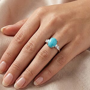 D'Joy AAA Sleeping Beauty Turquoise and Diamond 2.50 ctw Ballerina Ring in Rhodium Over Sterling Silver (Size 8.0)