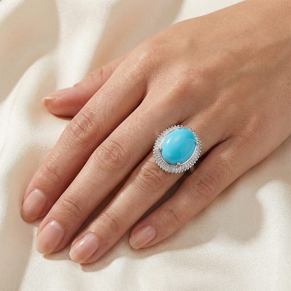 D'Joy Premium Sleeping Beauty Turquoise and Diamond 4.50 ctw Celestial Crown Halo Ring in Rhodium Over Sterling Silver (Size 6.0) image number 2