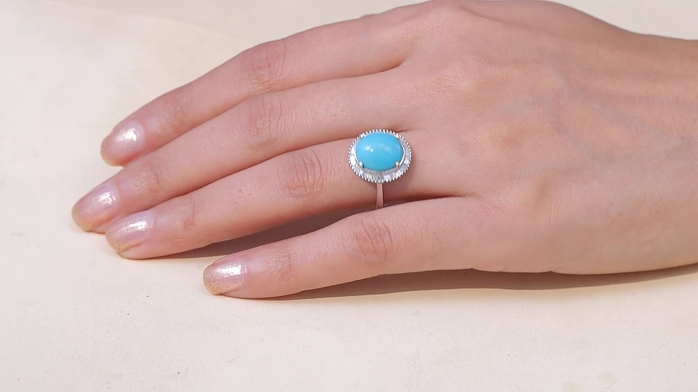 D'Joy Premium Sleeping Beauty Turquoise, Diamond (0.25 cts) Ring in Rhodium Over Sterling Silver (Size 6.0) 4.50 ctw