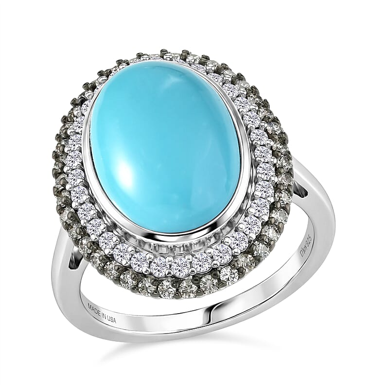 D'Joy Premium Sleeping Beauty Turquoise, Champagne Zircon and White Zircon 6.00 ctw Skyline Heirloom Ring in Rhodium Over Sterling Silver (Size 10.0)