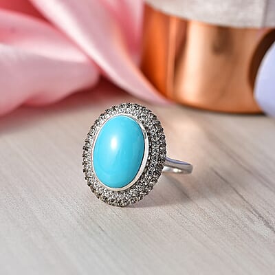 D'Joy Premium Sleeping Beauty Turquoise, Champagne Zircon and White Zircon 6.00 ctw Skyline Heirloom Ring in Rhodium Over Sterling Silver (Size 10.0)