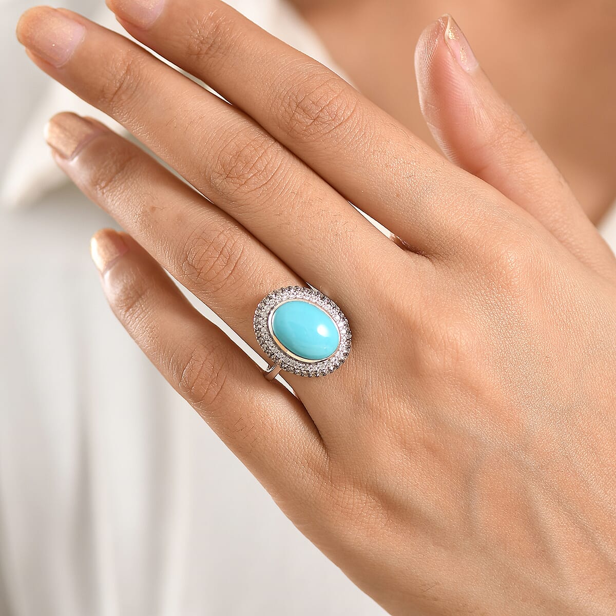 D'Joy Premium Sleeping Beauty Turquoise, Champagne Zircon and White Zircon 6.00 ctw Skyline Heirloom Ring in Rhodium Over Sterling Silver (Size 10.0) image number 2