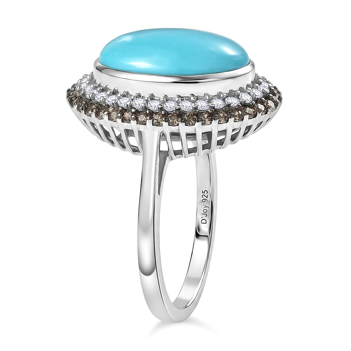 D'Joy Premium Sleeping Beauty Turquoise, Champagne Zircon and White Zircon 6.00 ctw Skyline Heirloom Ring in Rhodium Over Sterling Silver (Size 10.0)