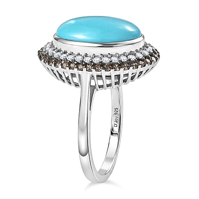D'Joy Premium Sleeping Beauty Turquoise, Champagne Zircon and White Zircon 6.00 ctw Skyline Heirloom Ring in Rhodium Over Sterling Silver (Size 10.0)