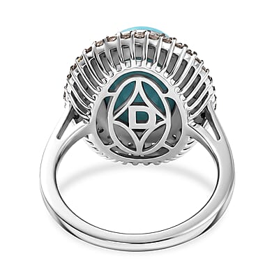 D'Joy Premium Sleeping Beauty Turquoise, Champagne Zircon and White Zircon 6.00 ctw Skyline Heirloom Ring in Rhodium Over Sterling Silver (Size 10.0)
